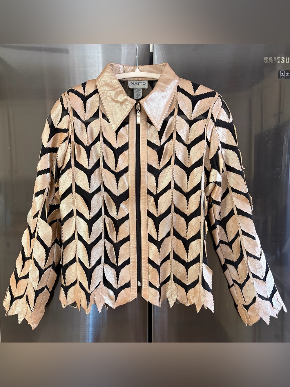 VNTG Natto Metallic Leather 3-D Leaf Appliqué Avant Garde Boho Chic Zip Jacket M